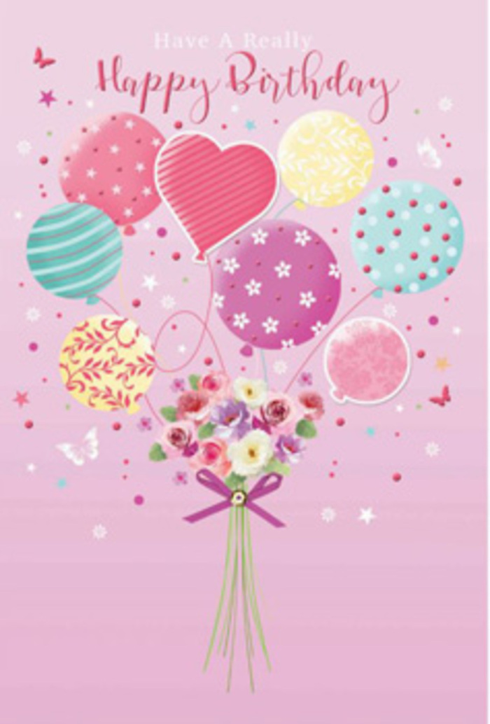This tender birthday design feels like a slice of gentle jubilation lifted straight from a summer afternoon in Tring. The background rests in soft shades of pink, providing a calm canvas for a skyward bouquet of balloons that glow in pale sunshine yellow, rosy fuchsia, lavender, and sea-glass green. Each balloon is lovingly detailed: some are brushed with candy-like stripes, others sprinkled with playful polka dots, and a few adorned with delicate floral motifs that echo the blooms below. Together they create the impression of a small, drifting carnival above the rooftops near Tring station. At the base of this airy display, a hand-tied bouquet anchors the composition, featuring petite roses and daisy-like blossoms shaded from gentle cream through blush to rose-pink, as if they were kissed by morning light streaming through a cottage window near Tring Park. Their petals appear velvety and soft, layered in tight clusters that radiate warmth and affection. A slim purple bow gathers the stems, its neat loops suggesting the practiced touch of a florist who works with care and intention. Around the arrangement, tiny butterflies and star-shaped accents seem to flit and flutter, giving the artwork a dreamy, almost storybook quality, like a garden party frozen in mid-laughter. The overall mood is one of quiet happiness and heartfelt celebration, conjuring the faint suggestion of a sweet floral perfume drifting through the air. This is the kind of birthday bouquet that whispers, rather than shouts, that the recipient is cherished and remembered, whether they're here in Tring or just down the road in one of the nearby villages.