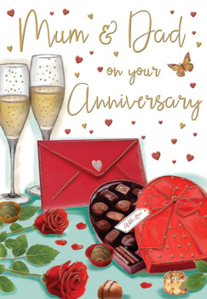 Detailed anniversary card artwork composed like an elegant tabletop vignette, evoking the warmth of a family celebration in Tring. At the heart of the illustration, two sumptuous red roses rest diagonally across the lower part of the design, their petals drawn with such depth and curl that they appear almost touchable, as if freshly arranged by a skilled local florist. The roses are cradled by glossy green leaves, the foliage adding balance and a hint of natural movement, reminiscent of foliage gathered from gardens around Tring. To one side sits a heart-shaped box of chocolates, its lid pushed back to reveal neat, tempting rows of dark and milk chocolates. A luxuriant red ribbon ties the box, the bow looping forward in soft, rounded curves that suggest a silky texture every bit as indulgent as the sweets inside. Just behind, two elegant champagne flutes rise together, filled with sparkling golden liquid; the artist has captured tiny bubbles and reflections along the glass stems, giving the impression of soft, celebratory light, as though the scene were set in a quiet dining room overlooking Tring's evening skyline. Sprinkled across the background are floating hearts in shades of crimson and muted gold, framing a lovingly scripted dedication for Mum & Dad that anchors the scene in the language of gratitude and devotion. A deep red envelope, neatly placed in the foreground, completes the tableau, hinting at a personal note tucked inside-perhaps written after a family dinner or a stroll along Akeman Street. The overall mood is one of indulgent comfort, shared memories, and enduring love, captured in rich reds, gentle golds, and softened light.
