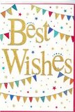 This Best Wishes card looks like a snapshot of a joyful celebration, the sort of design that sits beautifully beside a fresh bouquet arriving at a doorstep in Tring. At the centre, the message is written in gleaming gold script, the letters slightly raised so they feel almost touchable, catching and reflecting light against a bright white background. The calligraphy style is elegant yet relaxed, with flowing curves that make the words feel personal and sincere rather than formal. Surrounding the greeting are curved strings of colourful bunting, draped in gentle arcs across the top and bottom like decorations hung for a village fair or a garden party just off Tring's charming side streets. Each miniature pennant is painted in vivid tones-royal blue, cherry red, sunshine yellow, and fresh green-some plain, others patterned with stripes, dots, or tiny geometric details. These small differences give the bunting a lively, handcrafted character. Scattered around the bunting are tiny stars and confetti-like dots in matching hues, placed as if they have just been tossed into the air during a moment of excitement. They lend a sense of motion and sparkle, echoing the feeling of laughter and shared good news. The overall impression is one of bright positivity and encouragement, ideal for marking any uplifting occasion: a new baby, a move to a new home in Tring, a retirement, or simply cheering someone on as they begin a new chapter. It's a card that visually whispers support, optimism, and warm-hearted congratulations.