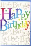 A vibrant birthday card fills the frame, radiating the same lively spirit you might feel walking past a bustling Tring café on a sunny afternoon. The phrase Happy Birthday dominates the front in large, friendly letters that flow in a colour gradient from deep cherry red through magenta and sapphire, then into bright turquoise, leaf green, and finally a warm, golden glow. Each letter looks as though it has been gently brushed with layered ink, creating smooth transitions that echo the harmony of mixed seasonal flowers in a carefully crafted bouquet. Behind this joyful rainbow greeting lies a soft, light-toned background, adorned with repeated lines of Happy Birthday to you written in fine gold script. The handwriting-style lettering curls and swirls like ribbons in the breeze on Tring's High Street, glinting subtly when the light catches it. Rather than overwhelming the eye, the gold serves as a refined whisper beneath the louder colours in front, lending the card an air of elegance amid the fun. Tiny star-like flecks and dots are scattered across the design, evoking the feeling of confetti floating over a birthday table set near Tring Reservoirs. The card's surface appears smooth and slightly glossy, inviting touch as much as sight. Overall, the design feels uplifting and heartfelt-a perfect companion to a cheerful birthday bouquet delivered locally, carrying not just words, but the warm, celebratory atmosphere of a special day shared close to home.