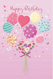 A whimsical birthday daydream comes to life on a blush-pink background, where a cluster of pastel balloons and a delicate bouquet rise together in joyful harmony, much like balloons bobbing over a birthday picnic in Tring Park. Each balloon has its own personality: some swirl with candy-coloured stripes, others bloom with playful polka dots, and a prominent heart-shaped balloon at the centre glows with soft affection in rosy pinks and lilacs. Subtle touches of teal, lemon, and lavender ripple through the cluster, their glossy surfaces catching the light as if brushed by a gentle afternoon sun. Beneath this airy parade, a bouquet of fresh flowers gathers at the base, filled with petite roses and anemone-like blossoms in creamy ivory, blush, and muted mauve, their feathery, layered petals inviting an imagined touch. The stems are neatly bundled and finished with a violet satin bow that glints softly, providing a polished flourish reminiscent of a carefully wrapped birthday gift collected from a favourite Tring florist. Throughout the design, tiny stars, sparkles, and butterfly-like shapes seem to float and twinkle, adding a hint of fairy-tale magic. The atmosphere is airy, sweet, and filled with that special anticipation of a birthday morning, suggesting a light floral fragrance that feels both comforting and celebratory. Every element-from the gentle colours to the thoughtful ribbon detail-works together to create a charming, uplifting image that turns a simple birthday greeting into a small moment of wonder for someone celebrating in Tring or nearby along the Chilterns.