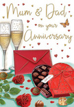 Anniversary card illustration that feels like a private family celebration in Tring, arranged as a warm, romantic still life. In the lower half, two full-bodied red roses stretch across the scene, their velvety petals shaded from dark crimson at the centre to softer ruby at the edges, set against rich green leaves that suggest freshly cut stems laid gently on the table. Close by, an open heart-shaped chocolate box reveals perfectly ordered truffles, each one individually nestled, with a dramatic red bow curling across the lid, its glossy loops giving a sense of luxurious texture and care. Standing proudly in the background, two tall champagne flutes sit almost shoulder to shoulder, brimming with golden fizz; the light glints off the glass rims and stems, catching tiny bubbles that feel like a frozen moment just before a toast. Scattered gold and deep red hearts float around the central message to Mum & Dad, softening the composition with a playful but deeply affectionate tone. A vivid scarlet envelope lies neatly at the front, slightly angled as if someone has just set it down after writing a heartfelt note about years of shared life, perhaps recalling anniversaries marked in Tring's cosy homes or after a meal in the town centre. The colour palette is dominated by romantic reds, warm golds, and creamy neutrals, creating a gentle glow that suggests candlelight, soft conversation, and the kind of enduring love that deserves roses, chocolates, champagne, and a beautifully written card all at once.